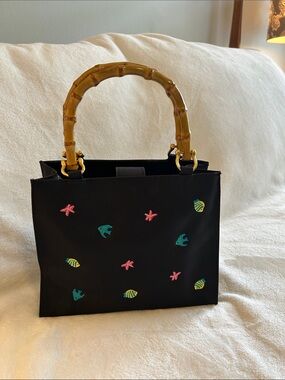 Tianni Black Embroidered Sea Motif Handbag with Bamboo Handles